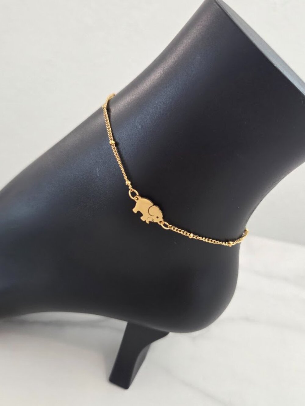 Gold Elephant Charm Anklet Dainty Minimalist Beaded Chain Jewelry - Picture 4 of 15